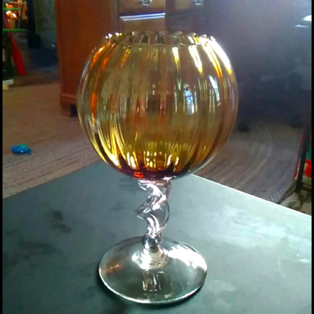 12" Amber blown glass vase clear twist pedestal